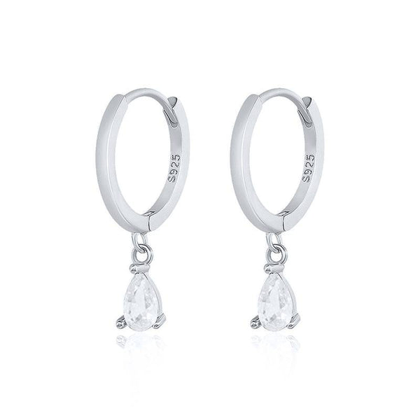 Pair Of 925 Sterling Silver White CZ Teardrop Dangle Minimal Hoop Earrings - Pierced Universe