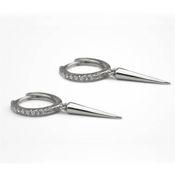 Pair Of 925 Sterling Silver White CZ With Spike Dangle Minimal Hoop Earrings - Pierced Universe