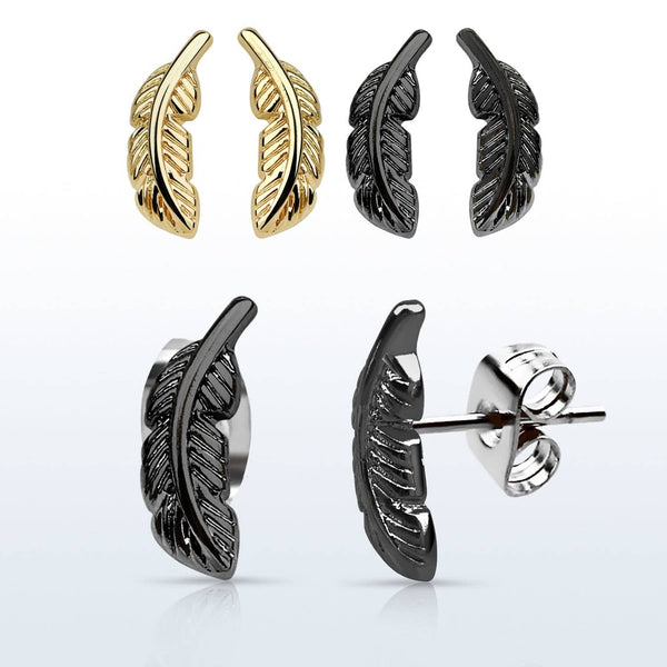 Pair of Anodized Surgical Steel Feather Stud Earrings - Pierced Universe