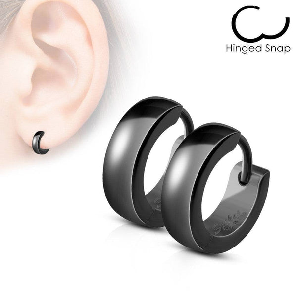 Pair of Black IP Surgical Steel Rounded Hinged Hoop Earrings - Pierced Universe