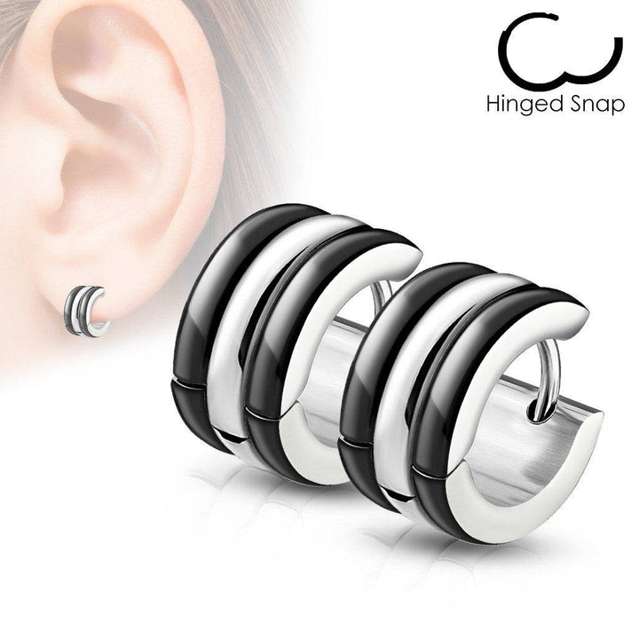 Pair of Black IP Surgical Steel Thick Rounded Hoop Hinged Earrings - Pierced Universe