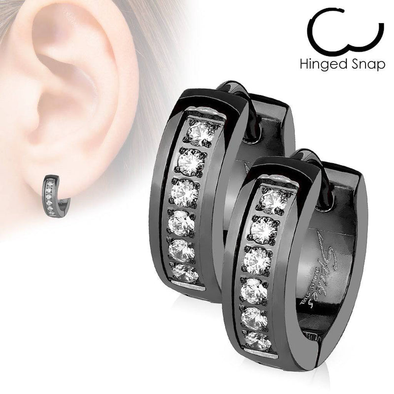 Pair of Black Plated 316L Surgical Steel CZ Lined Hinged Earring Hoops - Pierced Universe