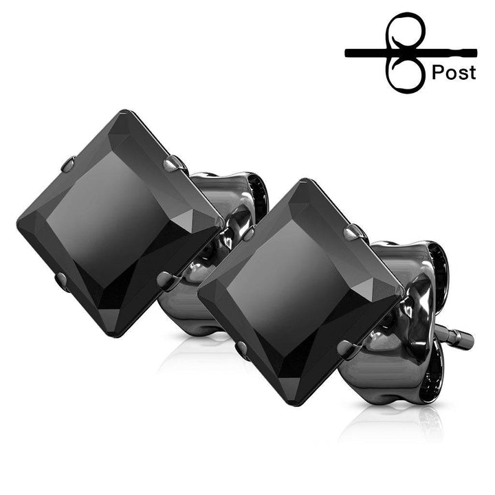 Pair of Black PVD Surgical Steel On Black CZ Gem Square Prong Earring Studs - Pierced Universe