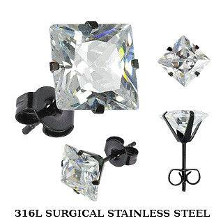 Pair of Black PVD Surgical Steel Square Prong Set Earring Studs - Pierced Universe