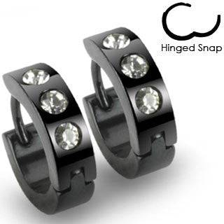 Pair of Black Stainless Steel 3 Gem Stud Hinged Snap On Hoop Earrings - Pierced Universe