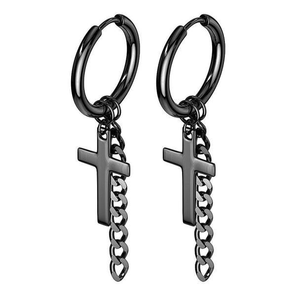 Pair of Black Surgical Steel Cross & Chain Dangle Hoop Earrings - Pierced Universe