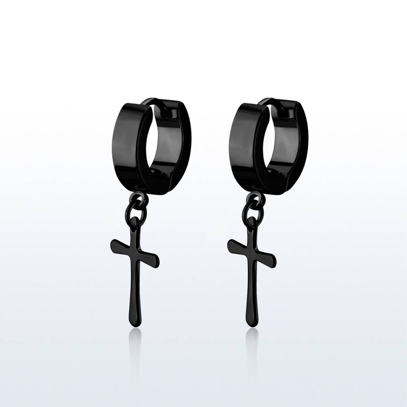 Pair of Black Surgical Steel Dangling Cross Hoop Earrings - Pierced Universe