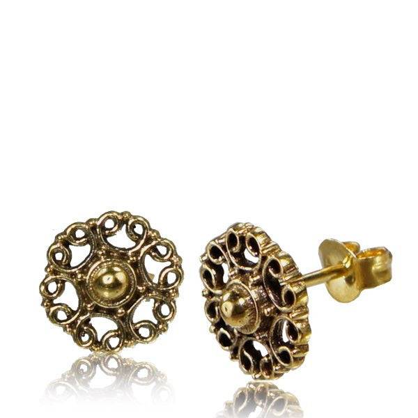 Pair of Brass Antique Flower Pattern Tribal Stud Earrings - Pierced Universe