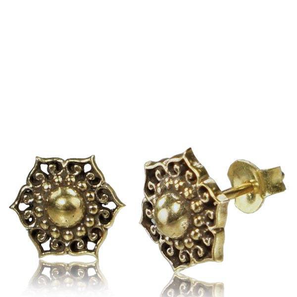 Pair of Brass Antique Flower Sunburst Tribal Stud Earrings - Pierced Universe