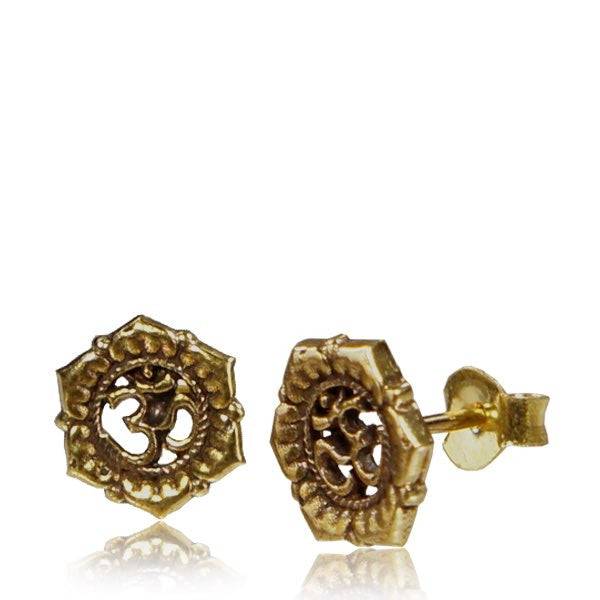 Pair of Brass Antique Ohm Tribal Stud Earrings - Pierced Universe