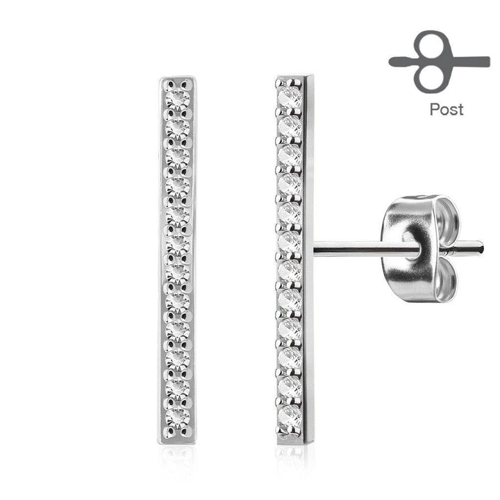 Pair of CZ Paved Straight Bar Earrings with Surgical Steel Post - Pierced Universe