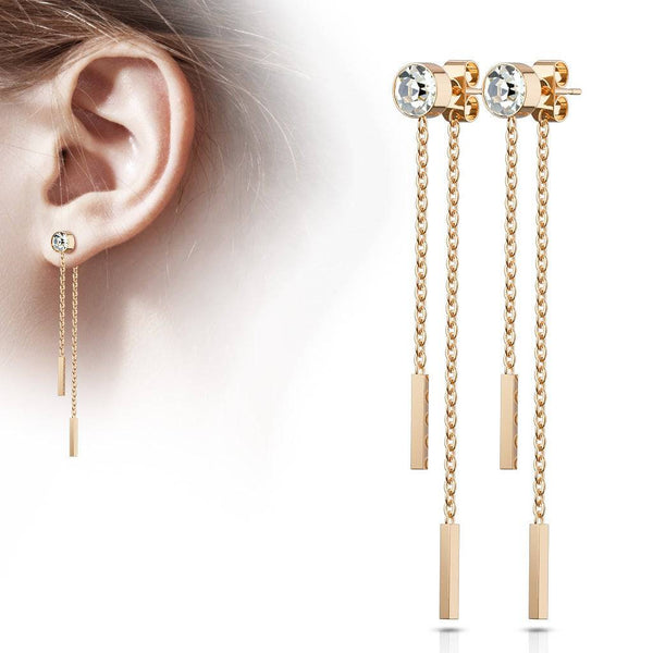 Pair of Free Falling Rose Gold Surgical Steel Gem Stud Earrings - Pierced Universe