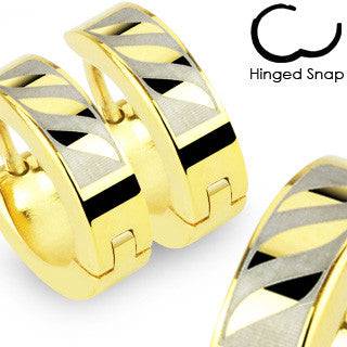 Pair of Gold Plated 3 Striped Design Hinged Snap On Hoop Earrings - Pierced Universe