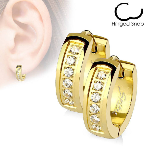 Pair of Gold Plated 316L Surgical Steel CZ Lined Hinged Earring Hoops - Pierced Universe