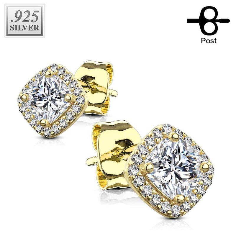 Pair of Gold Plated 925 Sterling Silver Paved White Square Earring Studs - Pierced Universe