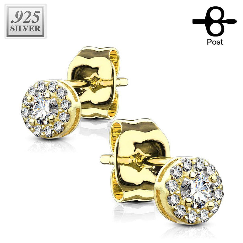 Pair of Gold Plated 925 Sterling Silver Small White Paved Circle Earring Studs - Pierced Universe
