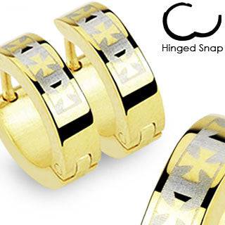 Pair of Gold Plated Hinged Snap On Mid evil Cross Design Hoop Earrings - Pierced Universe