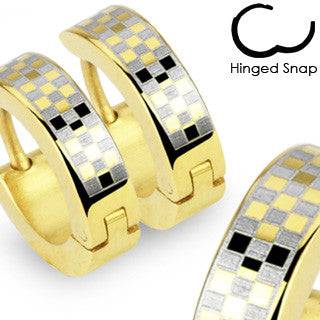 Pair of Gold Plated Stainless Steel Checkered Design Hinged Snap On Hoop Earrings - Pierced Universe