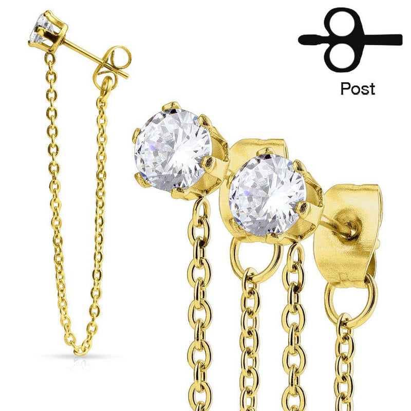 Pair of Gold Plated Surgical Steel CZ Connected Chain Stud Earrings - Pierced Universe