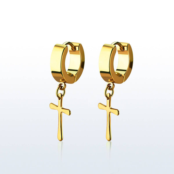 Pair of Gold Plated Surgical Steel Dangling Cross Hoop Earrings - Pierced Universe