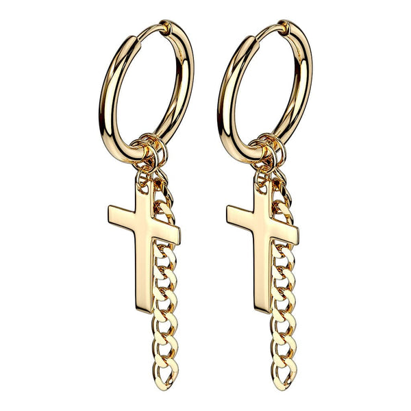 Pair of Gold Surgical Steel Cross & Chain Dangle Hoop Earrings - Pierced Universe