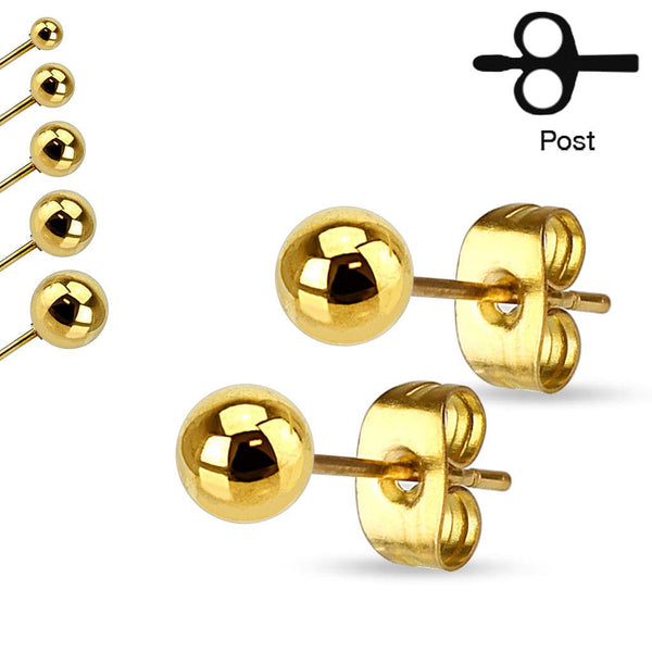 Pair of High Polished 316L Surgical Steel Gold PVD Ball Stud Earrings - Pierced Universe