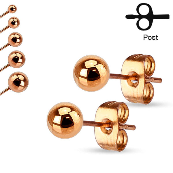 Pair of High Polished 316L Surgical Steel Rose Gold PVD Ball Stud Earrings - Pierced Universe