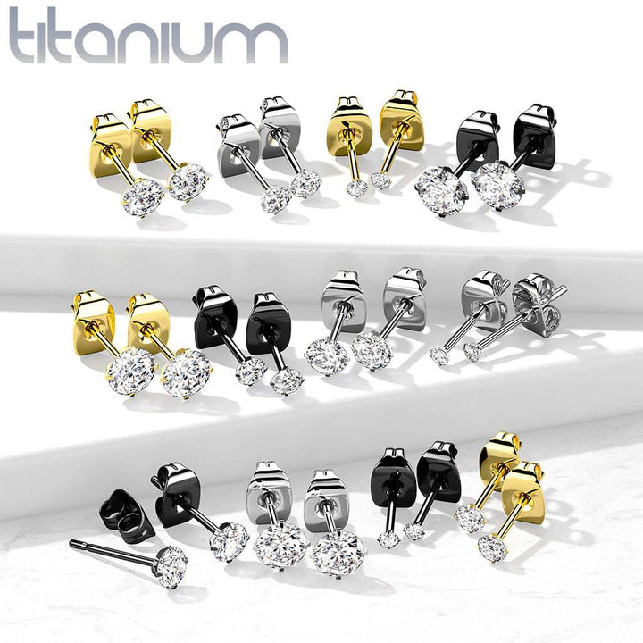 Pair Of Implant Grade Titanium Black PVD White CZ Stud Earrings - Pierced Universe