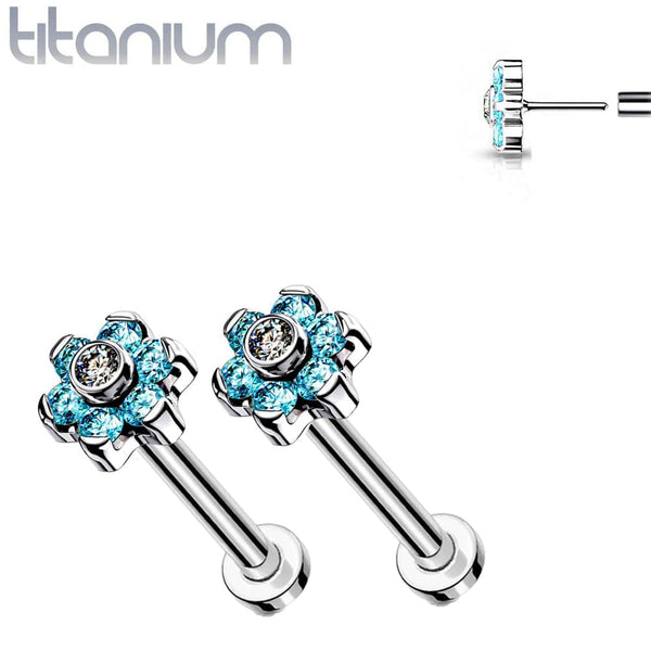Pair of Implant Grade Titanium Threadless Aqua CZ Flower Earring Studs with Flat Back - Pierced Universe