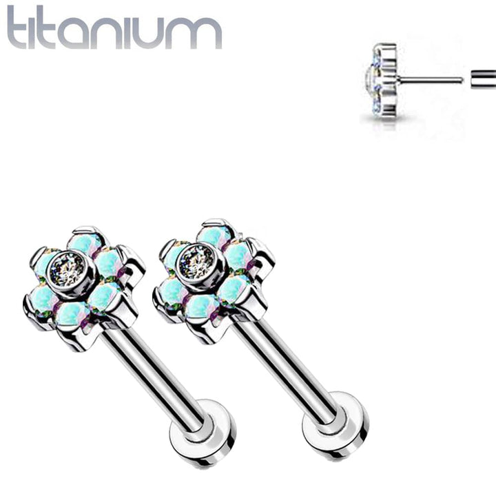 Pair of Implant Grade Titanium Threadless Aurora Borealis CZ Flower Earring Studs with Flat Back - Pierced Universe