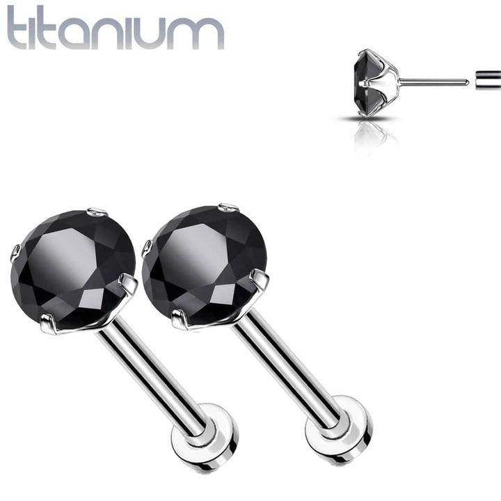 Pair of Implant Grade Titanium Threadless Black CZ Earring Studs with Flat Back - Pierced Universe