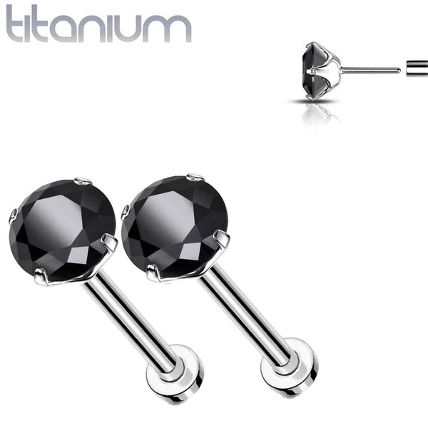 Pair of Implant Grade Titanium Threadless Black CZ Earring Studs with Flat Back Pair of Implant Grade Titanium Threadless Black CZ Earring Studs with Flat Back