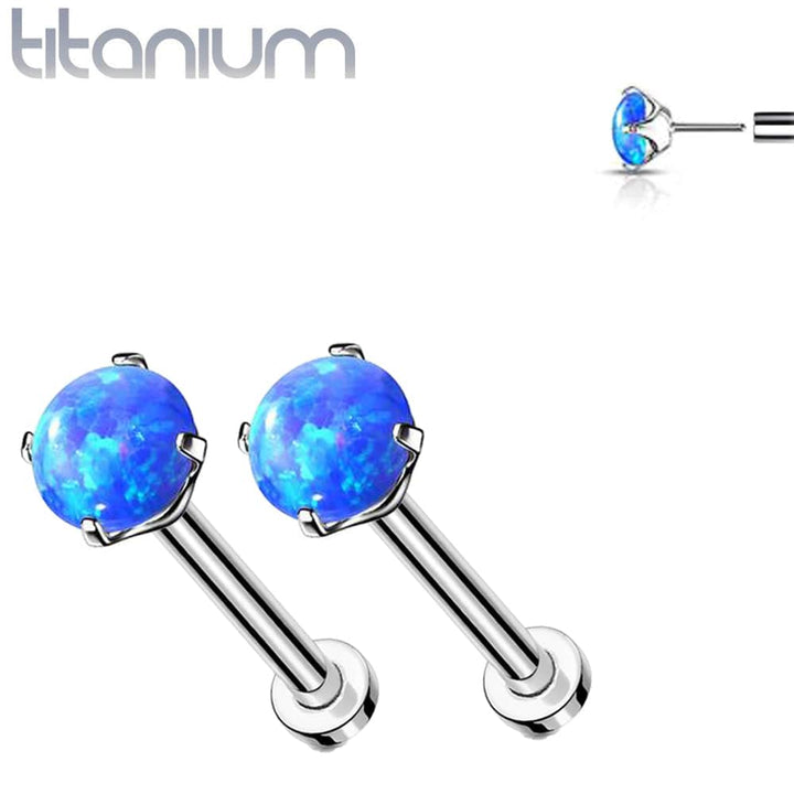 Pair of Implant Grade Titanium Threadless Blue Opal Earring Studs with Flat Back - Pierced Universe