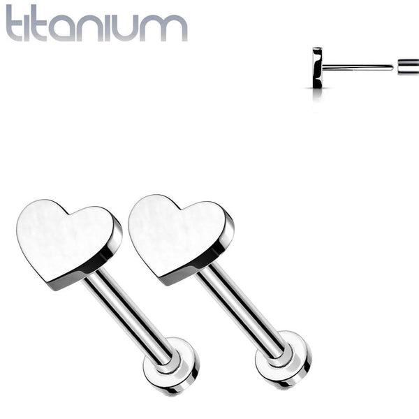 Pair of Implant Grade Titanium Threadless Heart Earring Studs with Flat Back - Pierced Universe