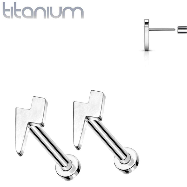 Pair of Implant Grade Titanium Threadless Lightning Bolt Earring Studs with Flat Back - Pierced Universe