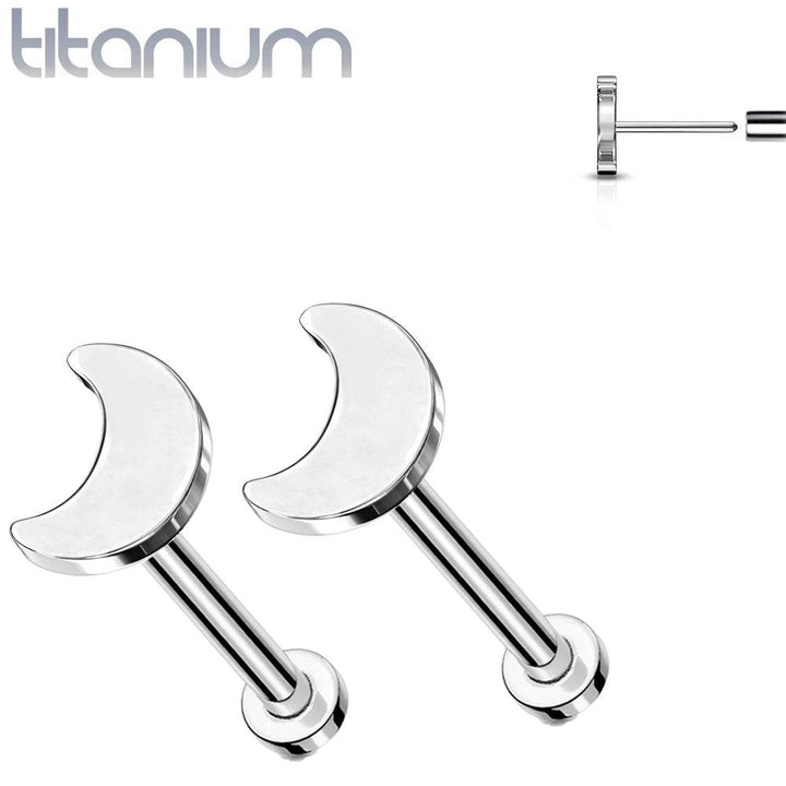 Pair of Implant Grade Titanium Threadless Moon Earring Studs with Flat Back - Pierced Universe