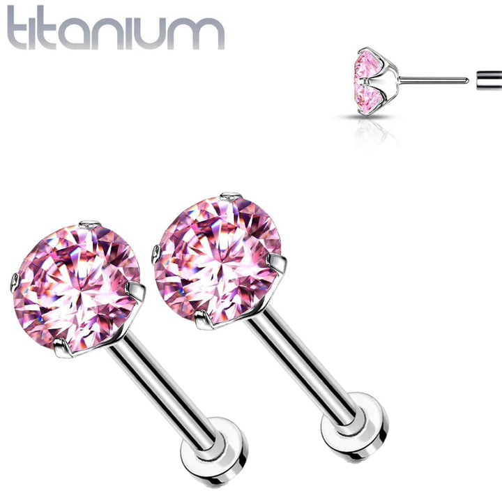Pair of Implant Grade Titanium Threadless Pink CZ Earring Studs with Flat Back - Pierced Universe