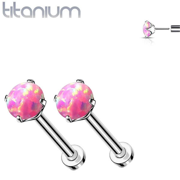 Pair of Implant Grade Titanium Threadless Pink Opal Earring Studs with Flat Back - Pierced Universe