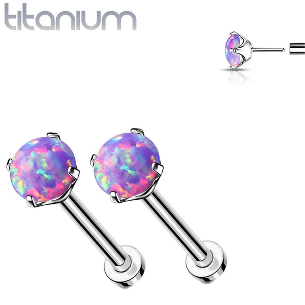Pair of Implant Grade Titanium Threadless Purple Opal Earring Studs with Flat Back - Pierced Universe