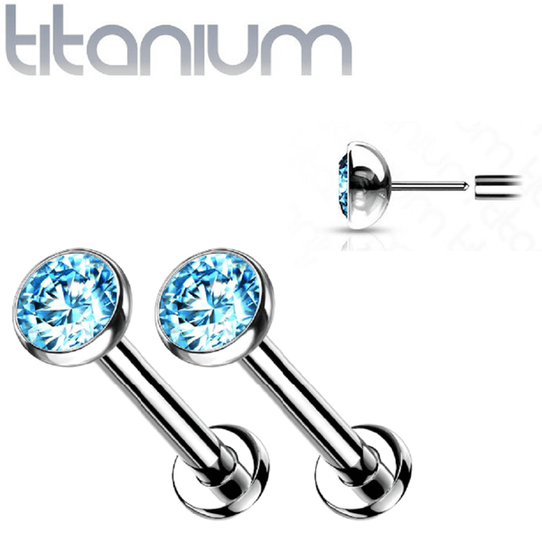 Pair of Implant Grade Titanium Threadless Stud Aqua Bezel Earrings with Flat Back - Pierced Universe