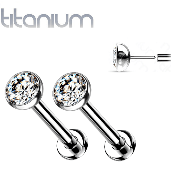 Pair of Implant Grade Titanium Threadless Stud White Bezel Earrings with Flat Back - Pierced Universe