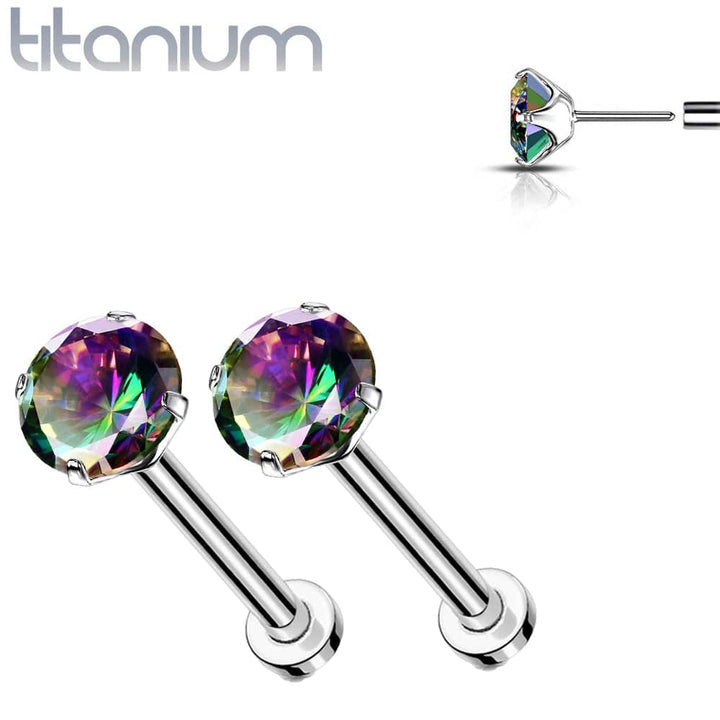 Pair of Implant Grade Titanium Threadless Vitrail Medium CZ Earring Studs with Flat Back - Pierced Universe