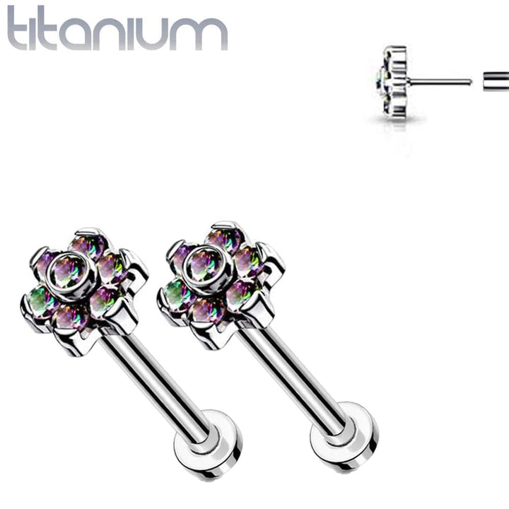Pair of Implant Grade Titanium Threadless Vitrail Medium CZ Flower Earring Studs with Flat Back - Pierced Universe