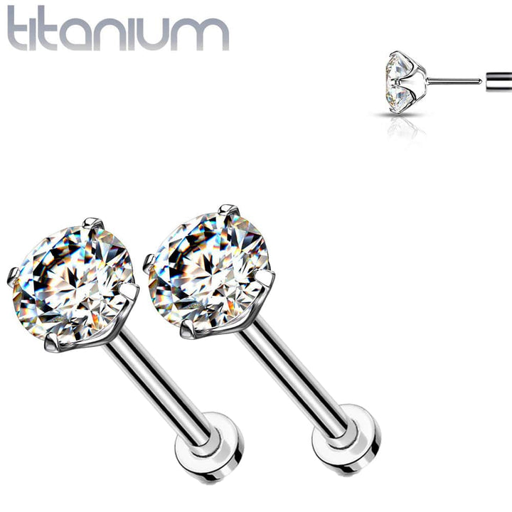 Pair of Implant Grade Titanium Threadless White CZ Earring Studs with Flat Back - Pierced Universe