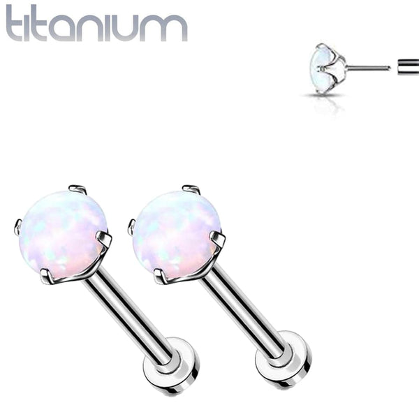 Pair of Implant Grade Titanium Threadless White Opal Earring Studs with Flat Back - Pierced Universe