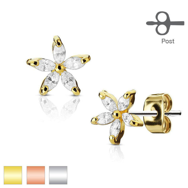 Pair of Prong Set 5 CZ Flower Earrings - Pierced Universe