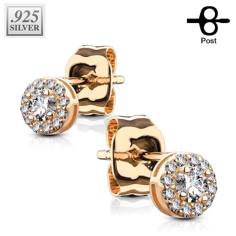 Pair of Rose Gold Plated 925 Sterling Silver Small White Paved Circle Earring Studs - Pierced Universe