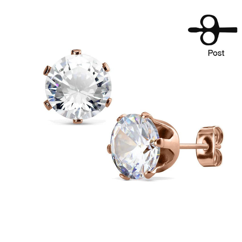 Pair of Rose Gold Surgical Steel White CZ Stud Earrings - Pierced Universe