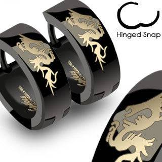 Pair of Stainless Steel Black PVD Dragon Print Earrings Hinged Hoops - Pierced Universe