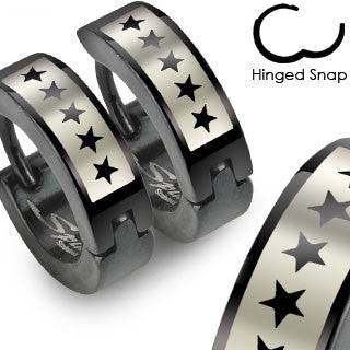Pair of Stainless Steel Black PVD Star Print Earrings Hinged Hoops - Pierced Universe